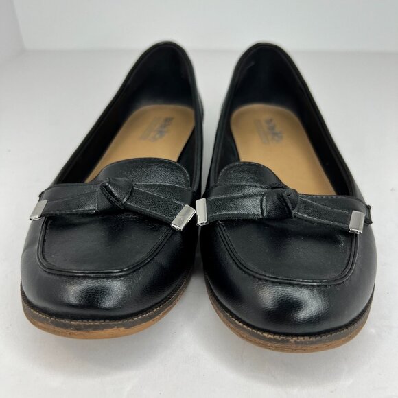 Coach And Four Womens Black Faux Leather Slip On Bow Metal Tips Size 6.5 Flats - Picture 3 of 10